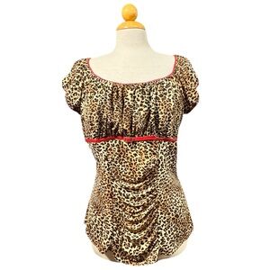 Studio 1940 Leopard Print Ruched Peplum Top with Red Trim